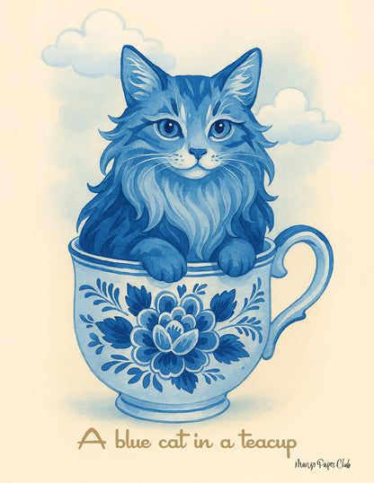 A blue cat in a teacup